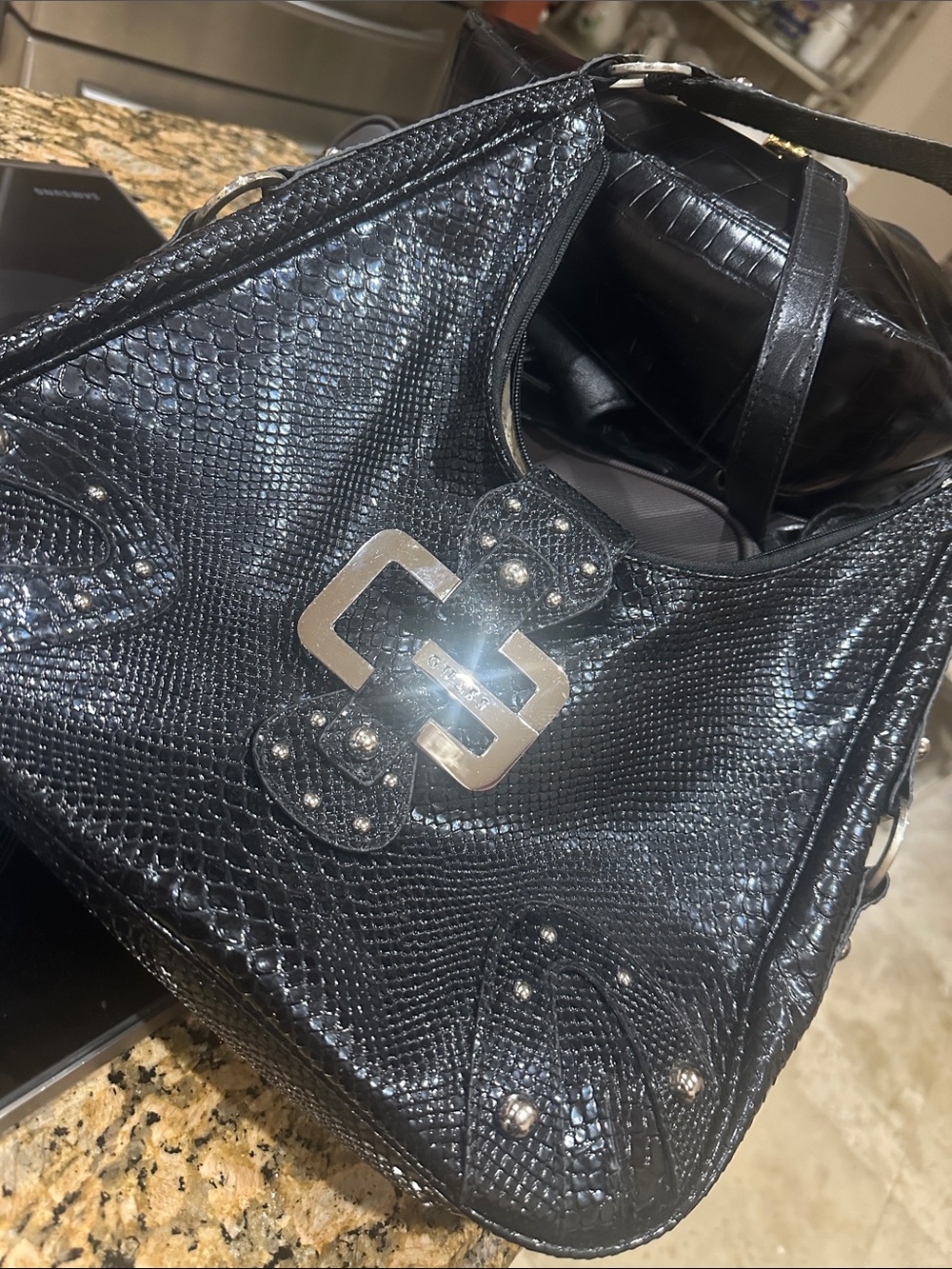 Guess Black Embossed Shoulder Bag with Studded Logo Buckle